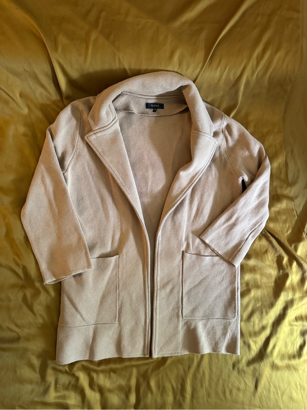 Quince Light Beige Open-Front Shawl Collar Cardigan